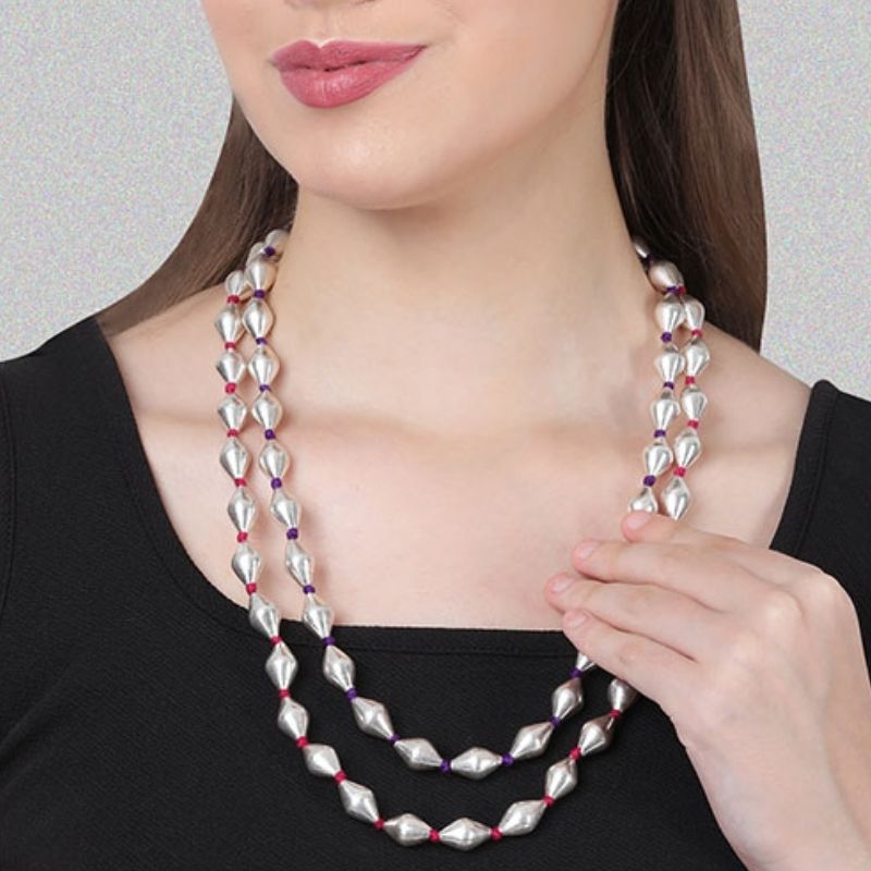 Silver Dholki Bead Necklace (Pink Purple-double string)