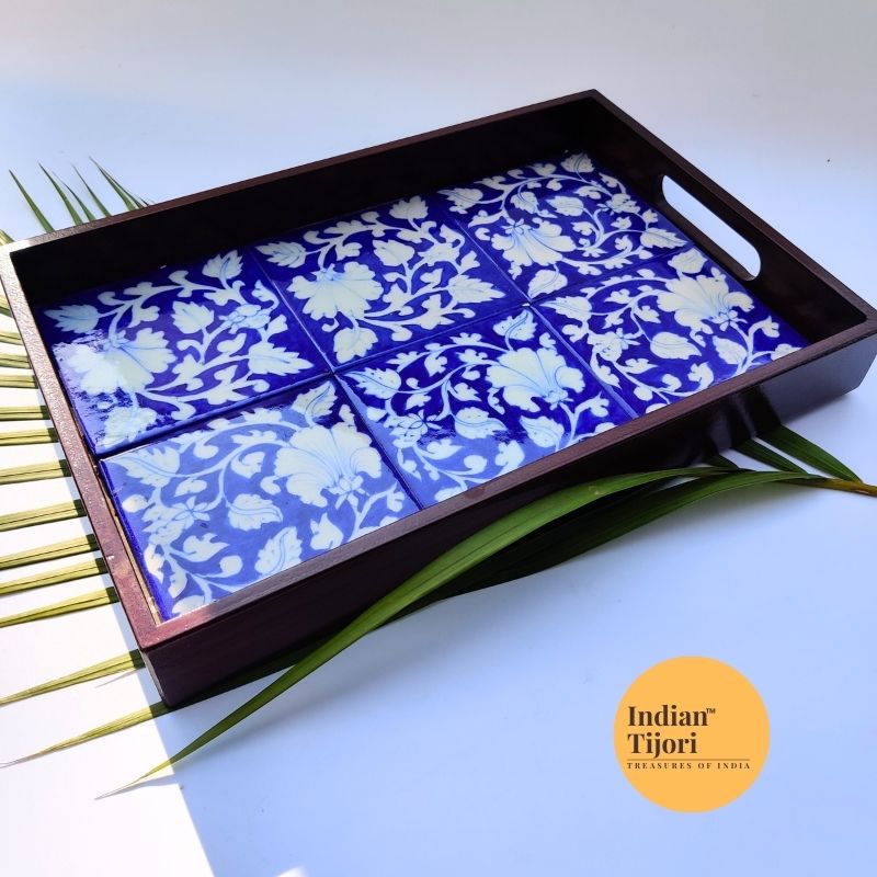 Blue Pottery Floral Rectangle Tray