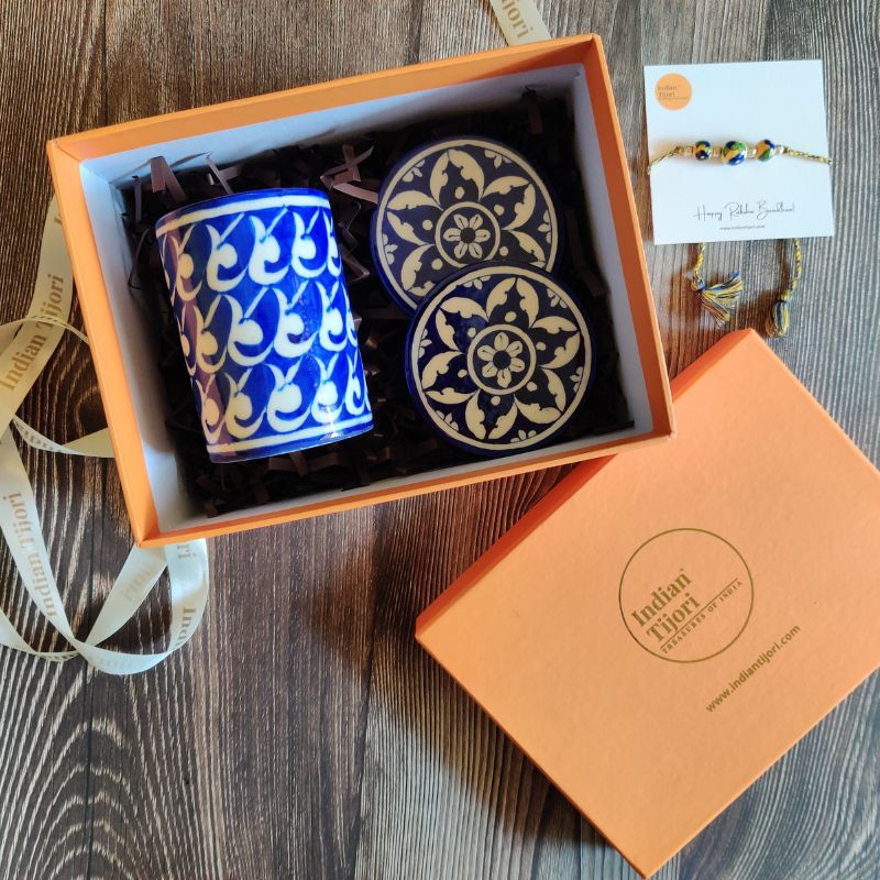 Maldeo Blue Pottery Gift Set (Pen stand with 2 piece coaster set & 1 rakhi)