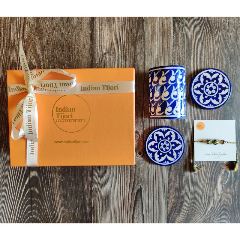 Maldeo Blue Pottery Gift Set (Pen stand with 2 piece coaster set & 1 rakhi)