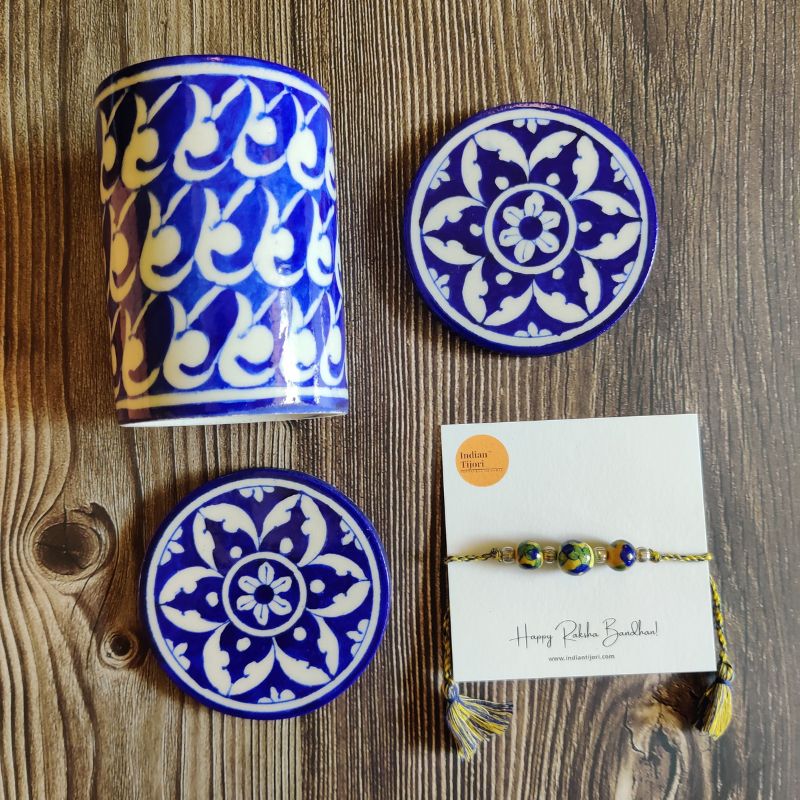 Maldeo Blue Pottery Gift Set (Pen stand with 2 piece coaster set & 1 rakhi)