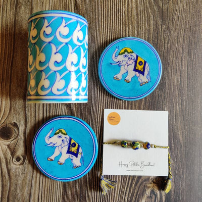 Shikaar Blue Pottery Gift Set (Pen stand with 2 piece coaster set & 1 rakhi)