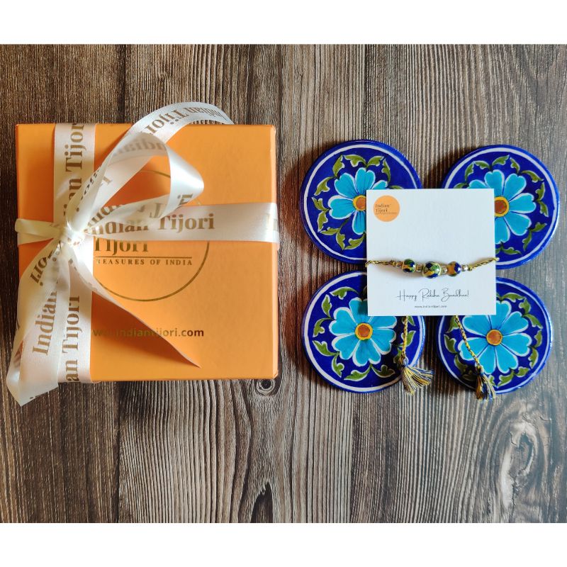 Devi Blue Pottery Gift Set (4 piece coaster set & 1 rakhi)