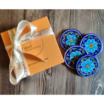 Devi Blue Pottery Gift Set (4 piece coaster set & 1 rakhi)