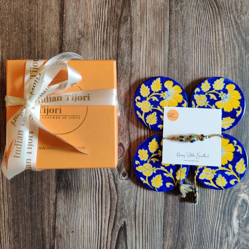 Mari Blue Pottery Gift Set (4 piece coaster set & 1 rakhi)