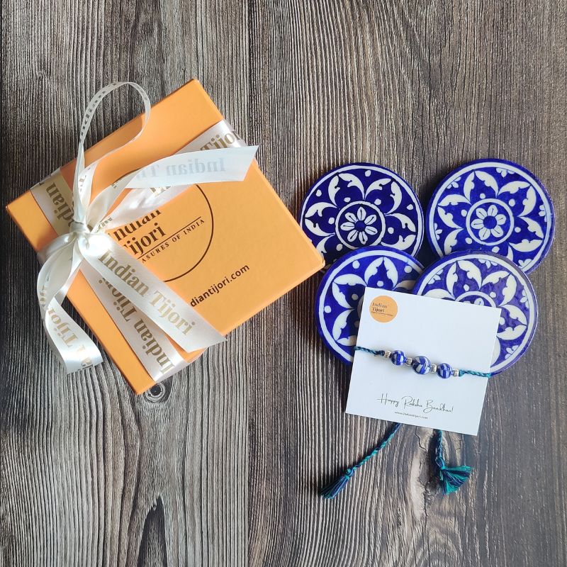 Maldeo Blue Pottery Gift Set (4 piece coaster set & 1 rakhi)