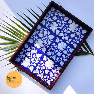 Blue Pottery Floral Rectangle Tray