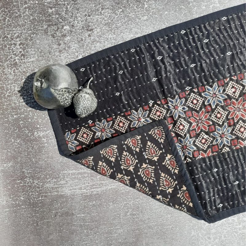 Black Mashru Patchwork Table Runner