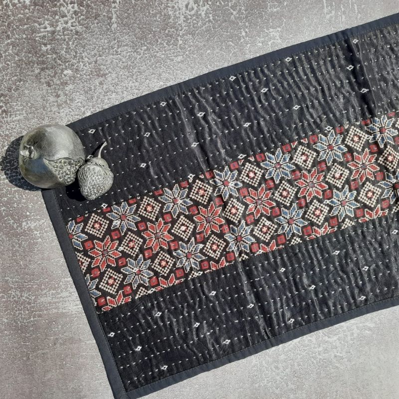 Black Mashru Patchwork Table Runner