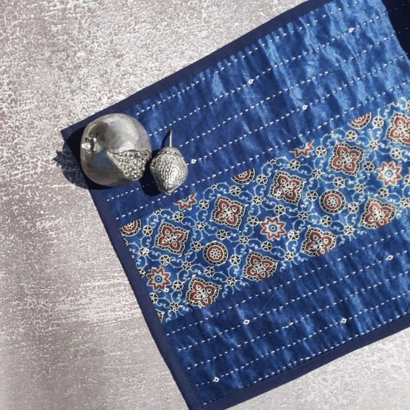 Blue Mashru Patchwork Table Runner