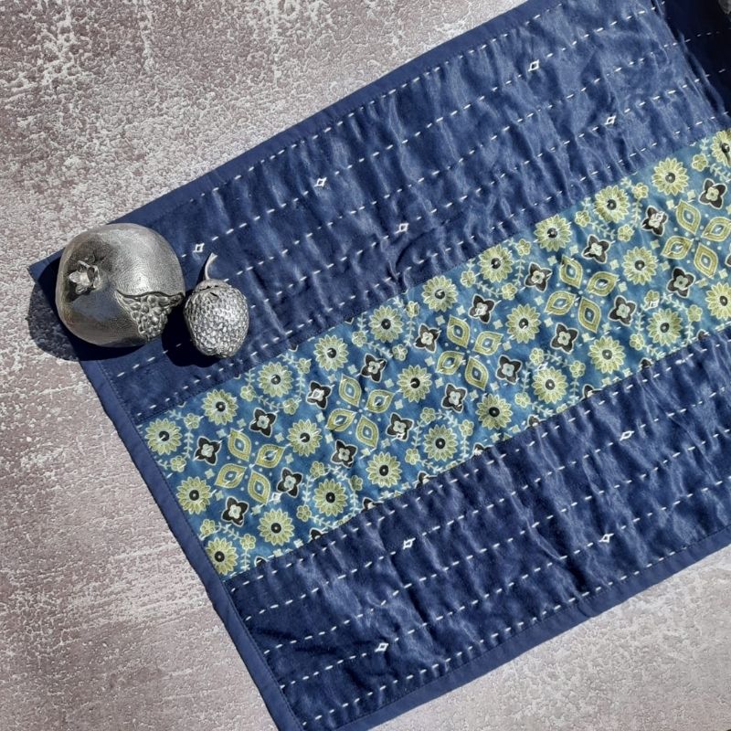 Blue Mashru Patchwork Table Runner