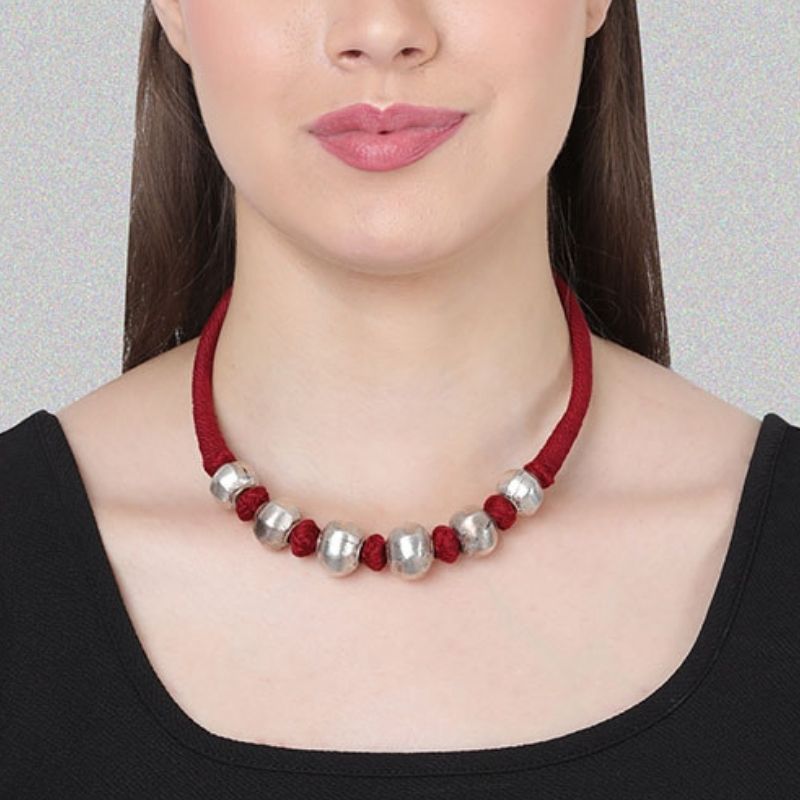 Dhol Silver Maroon Necklace