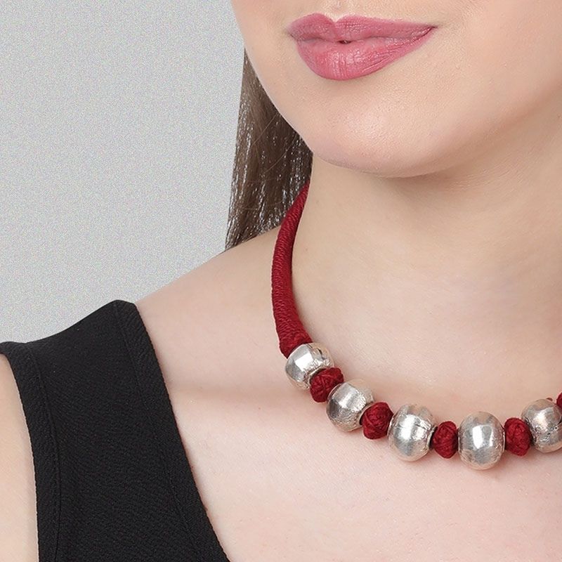 Dhol Silver Maroon Necklace