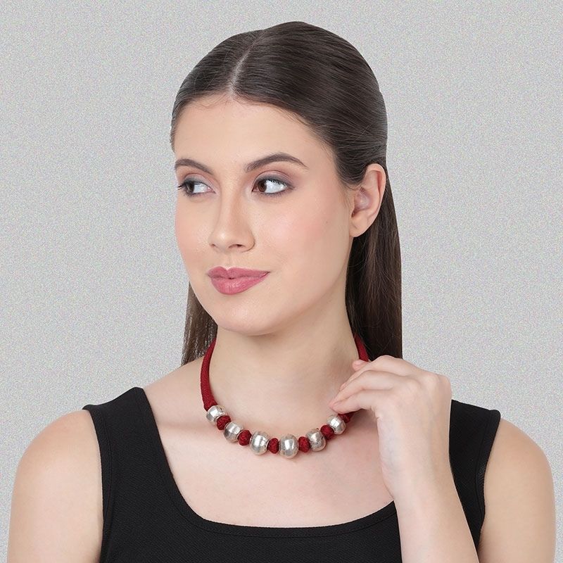 Dhol Silver Maroon Necklace