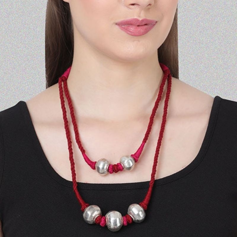 Gulabee Silver Dholki Necklace (Pink & Maroon)