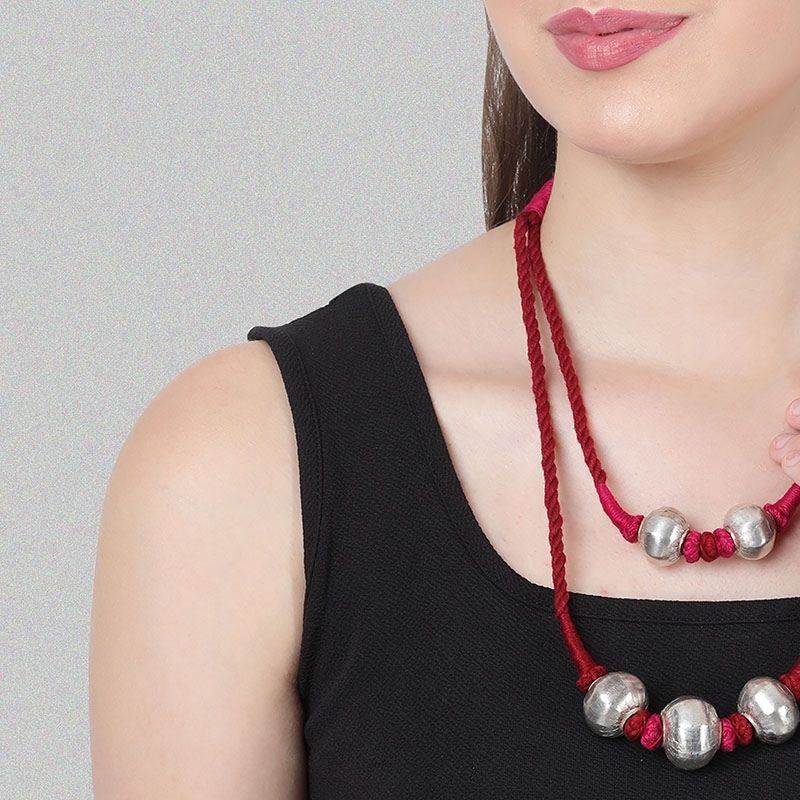 Gulabee Silver Dholki Necklace (Pink & Maroon)