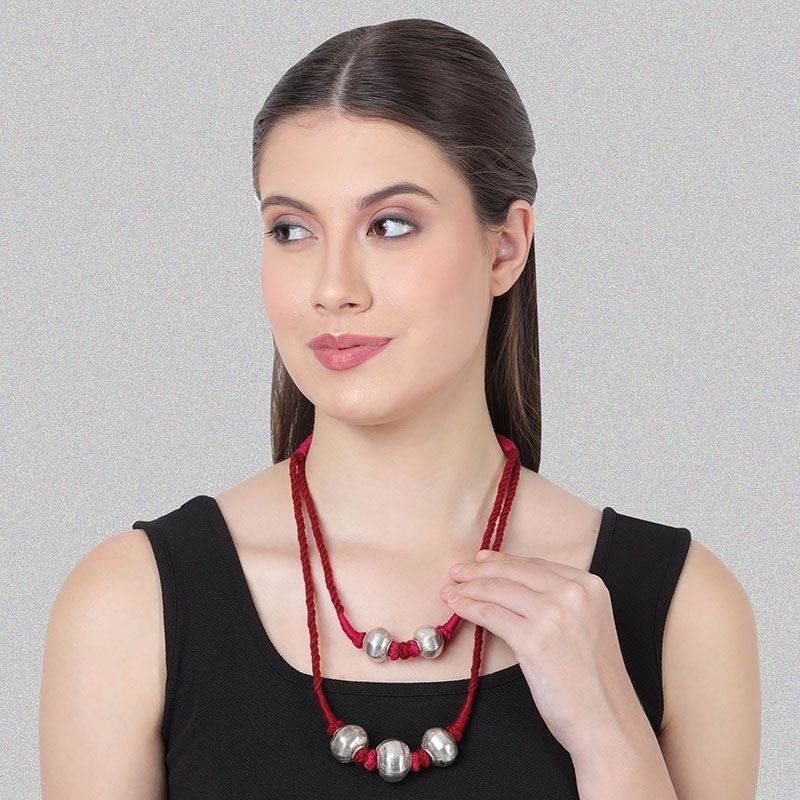 Gulabee Silver Dholki Necklace (Pink & Maroon)