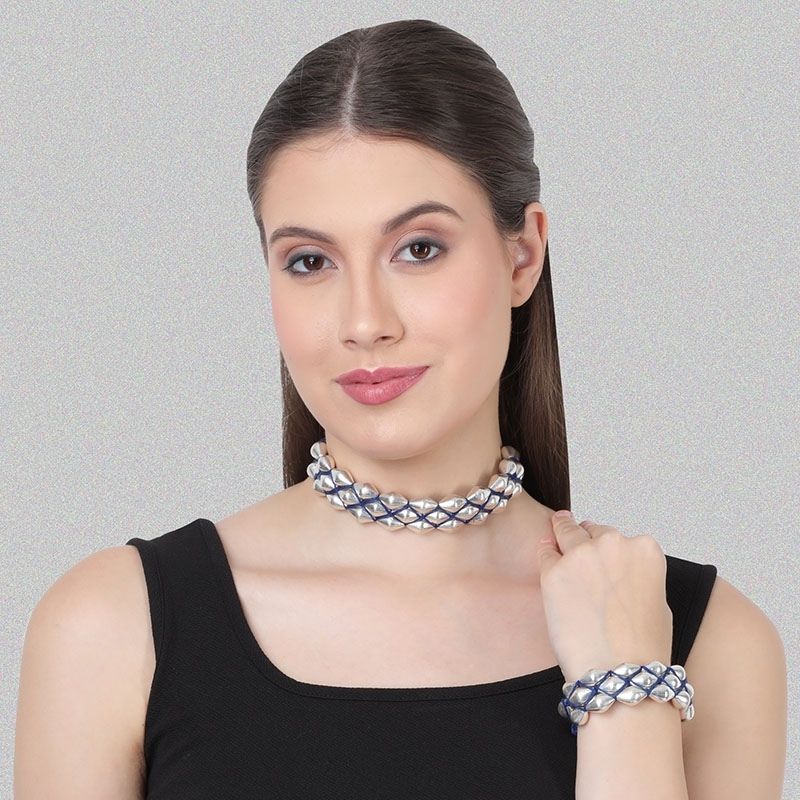 Silver Dholki Bead Blue Choker