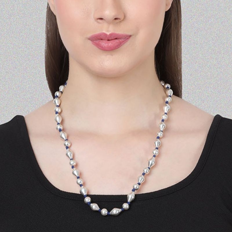 Silver Dholki Mix Bead Necklace (Blue-single string)