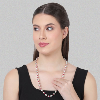 Silver Dholki Mix Bead Necklace (Pink-single string)