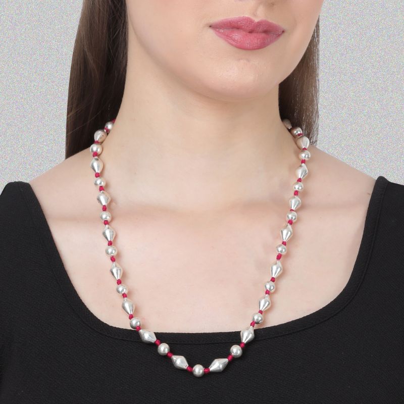 Silver Dholki Mix Bead Necklace (Pink-single string)