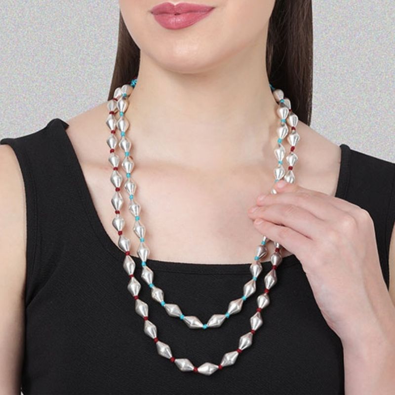 Silver Dholki Bead Necklace (Firozi & Maroon-double string)