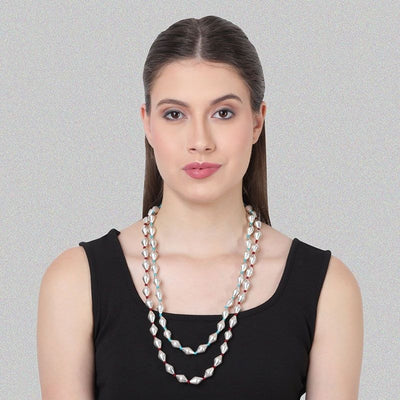 Silver Dholki Bead Necklace (Firozi & Maroon-double string)