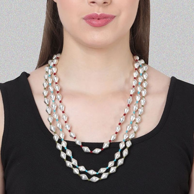 Silver Dholki Bead Necklace (Firozi, Maroon & Mustard-triple string)