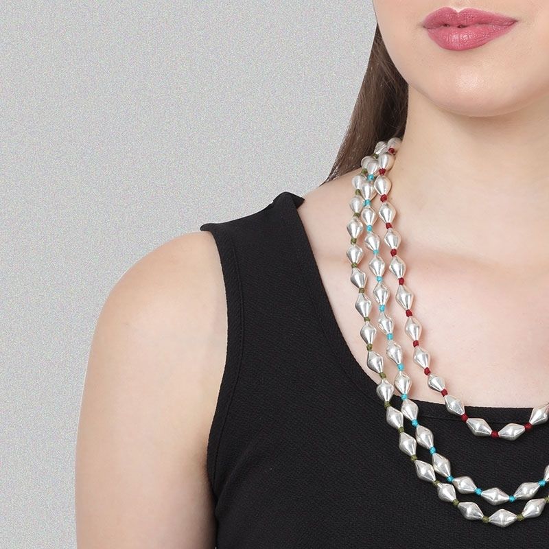 dholki necklace long silver beaded necklace