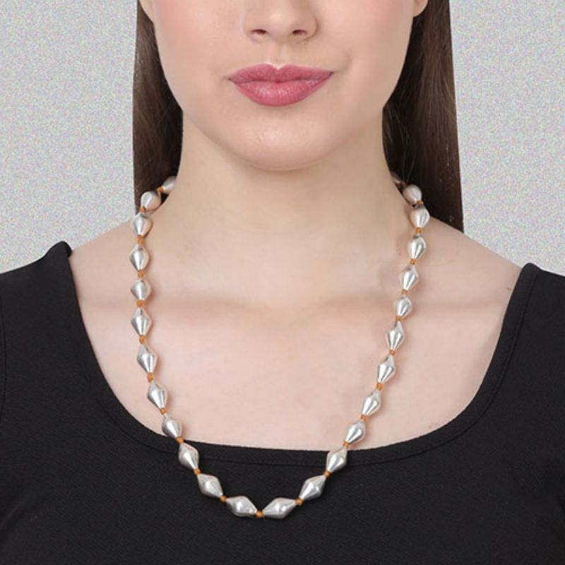 Silver Dholki Bead Necklace (Mustard-single string)