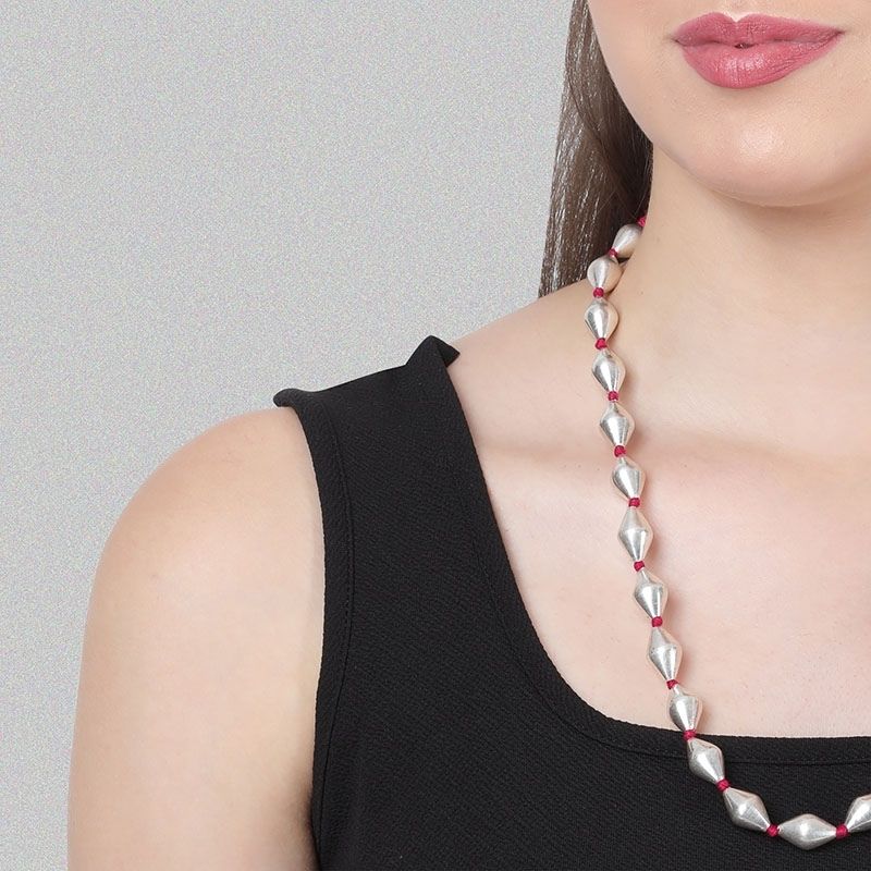 Silver Dholki Bead Necklace (Pink-single string)