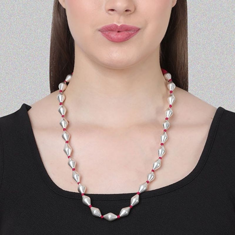 Silver Dholki Bead Necklace (Pink-single string)