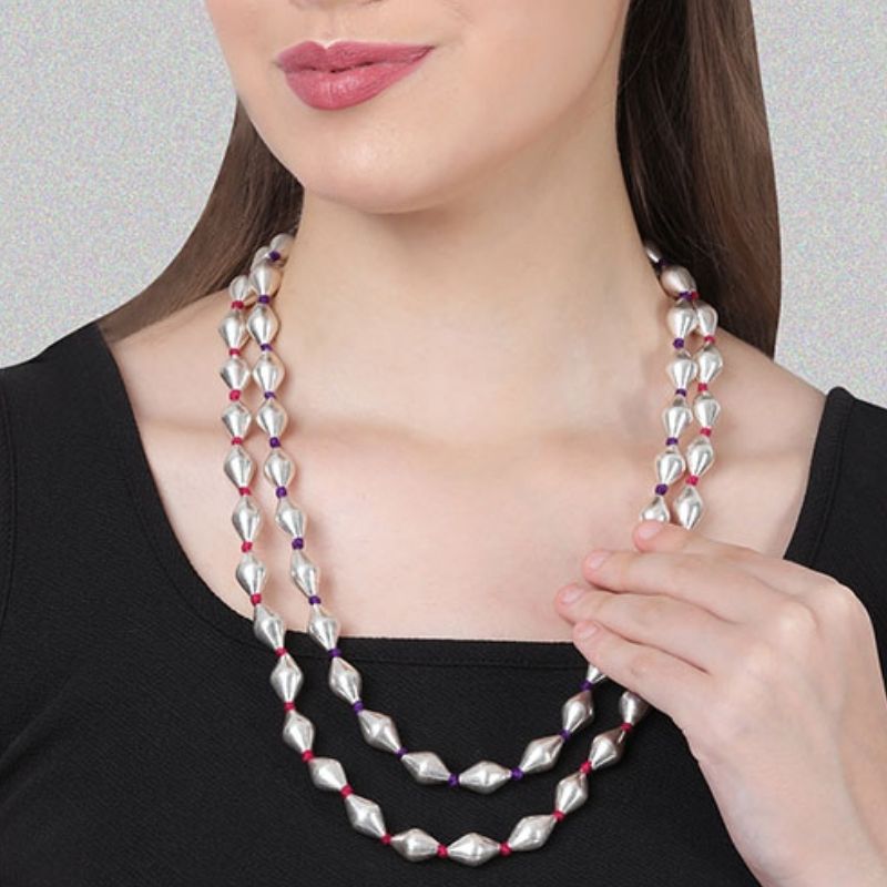 Silver Dholki Bead Necklace (Pink & Purple-double string)