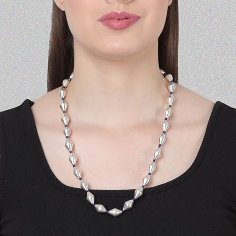 Silver Dholki Bead Necklace (Blue-single string)