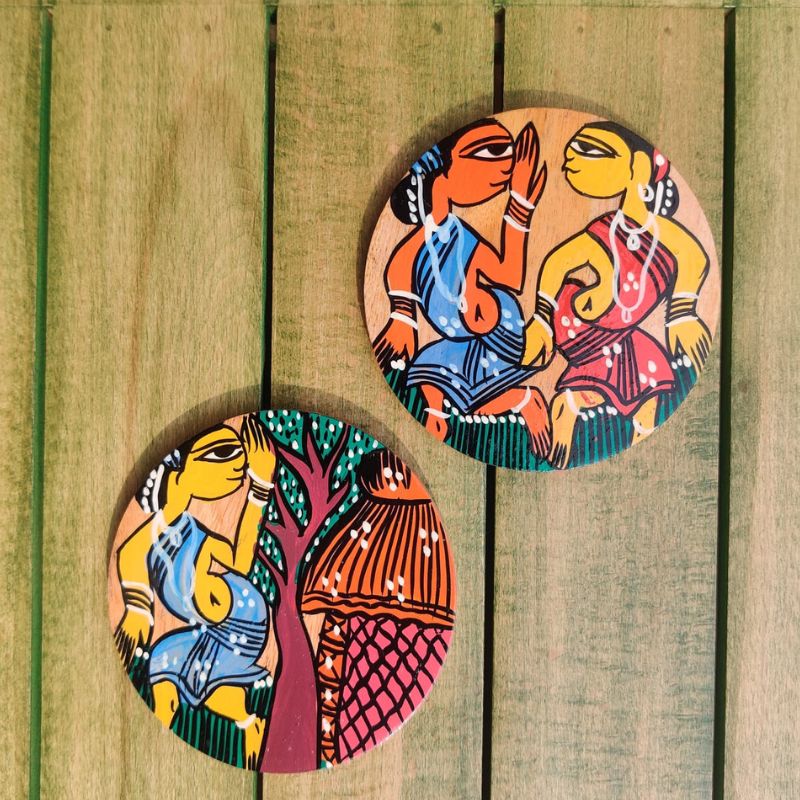 Dancing Tribals Pattachitra wooden coaster set