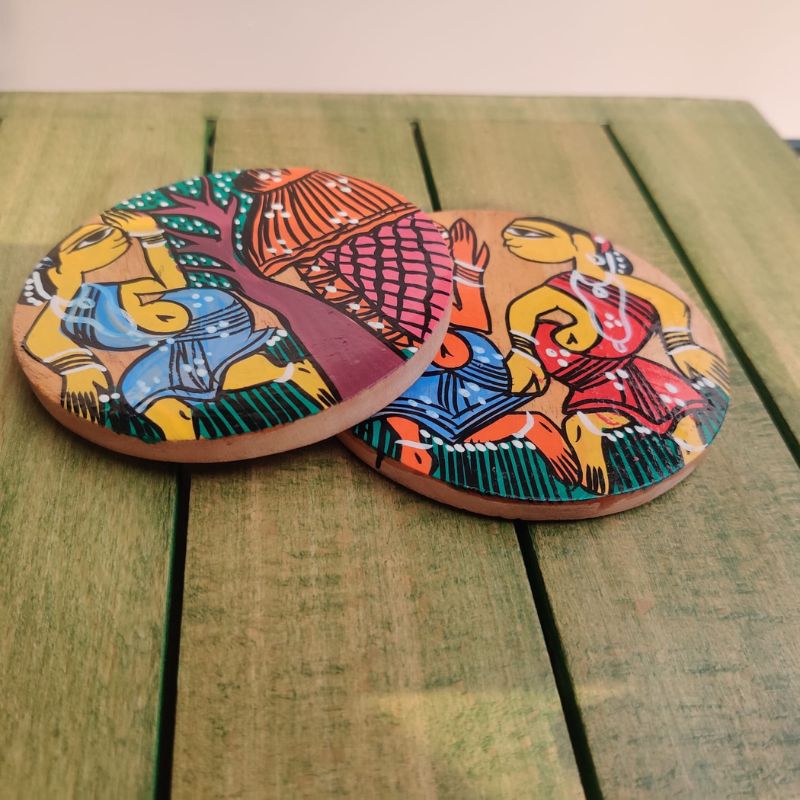 Dancing Tribals Pattachitra wooden coaster set