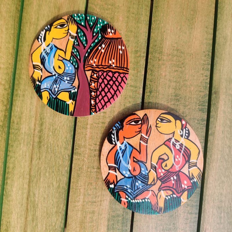 Dancing Tribals Pattachitra wooden coaster set