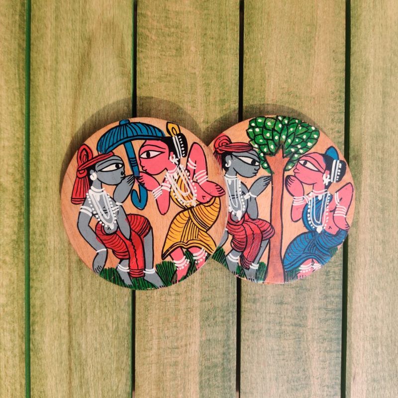 Dancing Tribals Pattachitra wooden coaster set