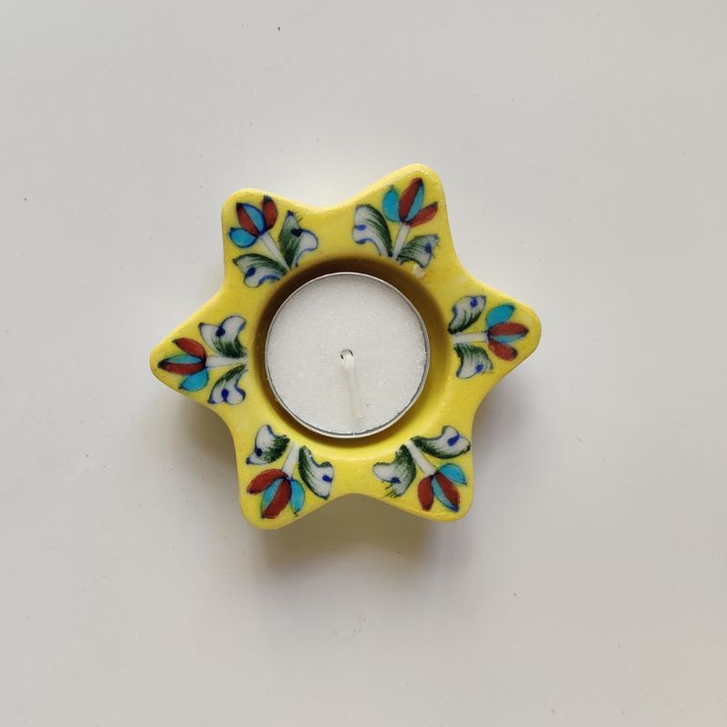 The Phool Diya Candles - Blue Pottery Gift Set (Set of 3 Diya T-candles in Yellow/ Light Blue & Blue)