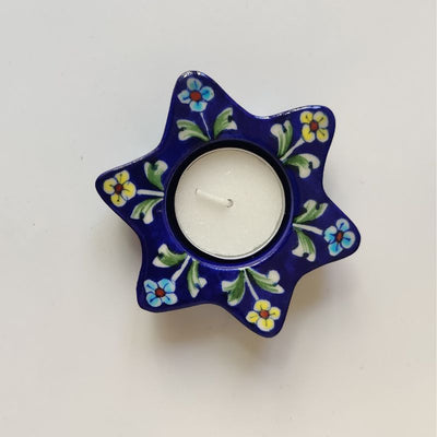 The Phool Diya Candles - Blue Pottery Gift Set (Set of 3 Diya T-candles in Yellow/ Light Blue & Blue)