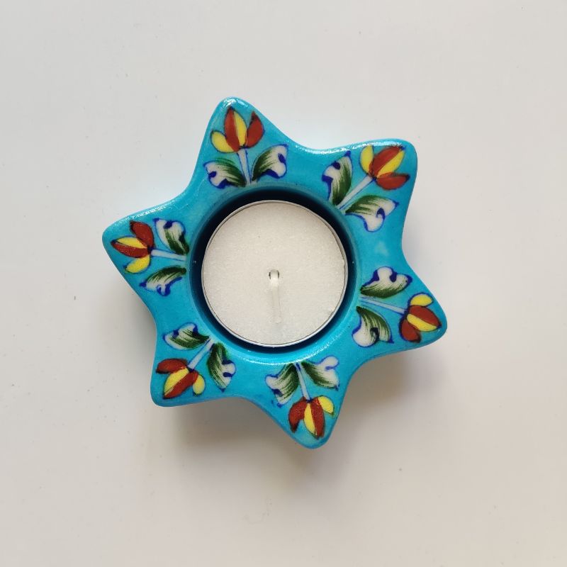 The Phool Diya Candles - Blue Pottery Gift Set (Set of 3 Diya T-candles in Yellow/ Light Blue & Blue)