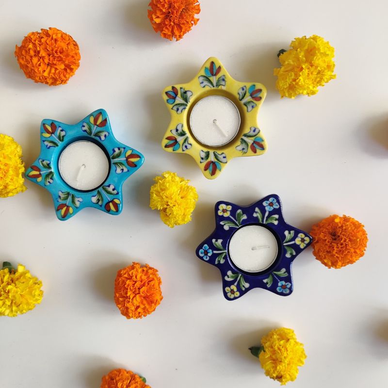 The Phool Diya Candles - Blue Pottery Gift Set (Set of 3 Diya T-candles in Yellow/ Light Blue & Blue)