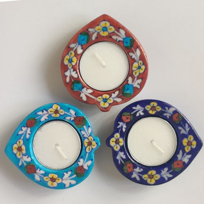 The Paan Diya Candles - Blue Pottery Gift Set (Set of 3 Diya T-candles in Red/ Light Blue & Blue)