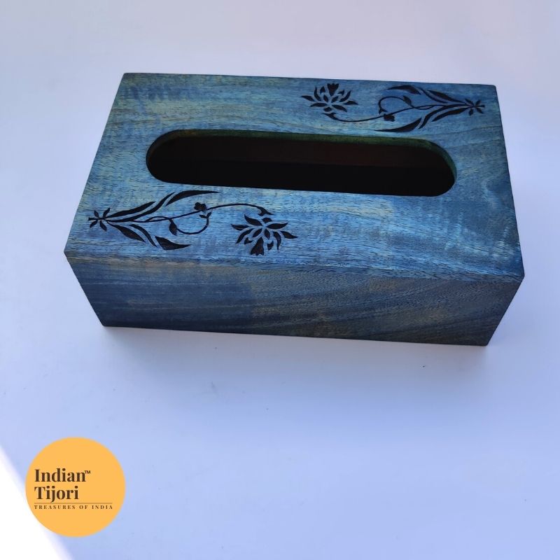 Akhira Wood Carved Tissue Box (Blue)