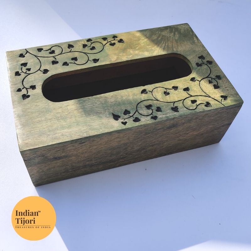 Bela Wood Carved Tissue Box (Green)