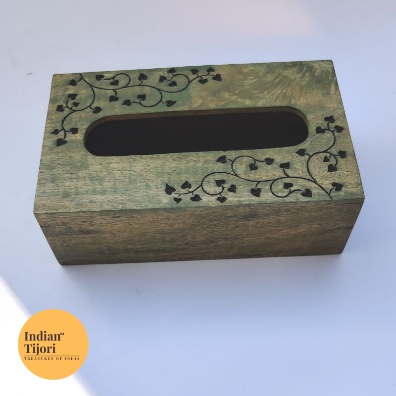 Bela Wood Carved Tissue Box (Green)