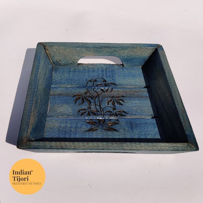 Mughal Wood Carved Tray (Blue 8 by 8 inch)