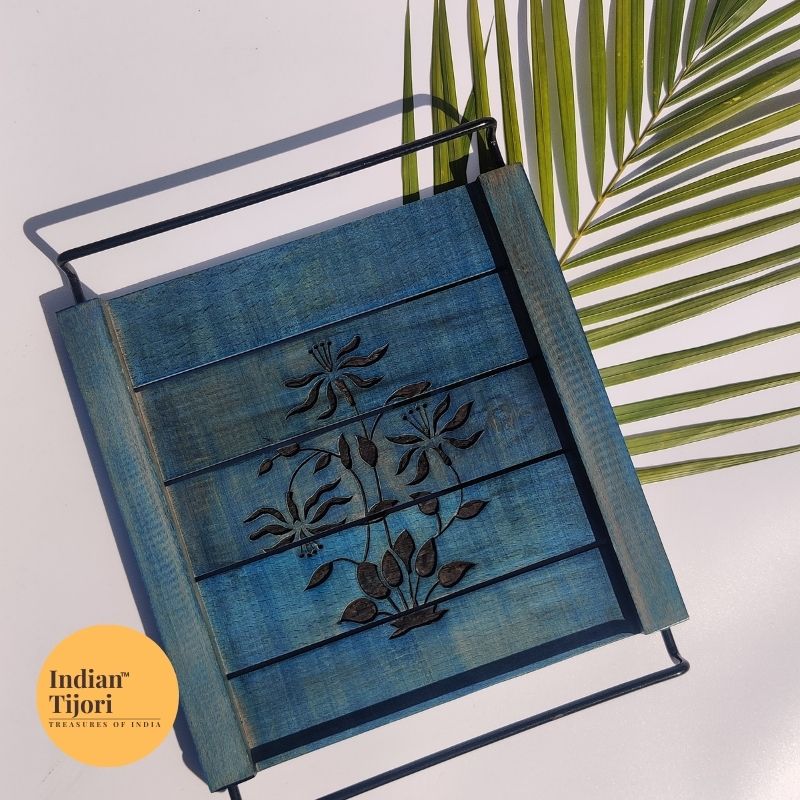 Gulmohar Wood Carved Tray (Blue)