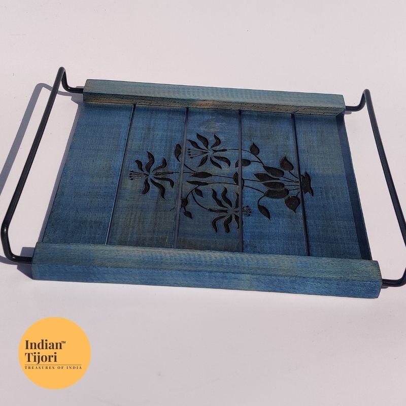 Gulmohar Wood Carved Tray (Blue)