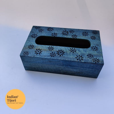 Daisy Wood Carved Tissue Box (Blue)